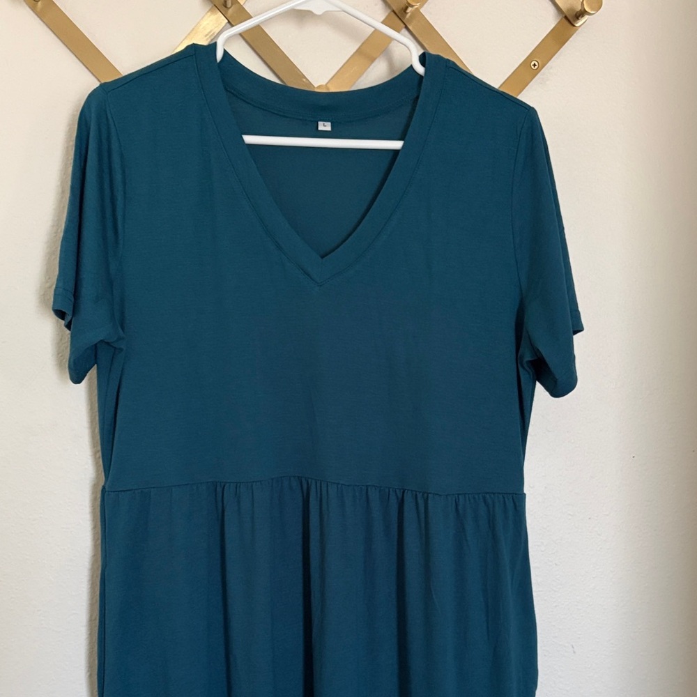 Teal V-Neck Short Sleeve Jersey Maxi Dress